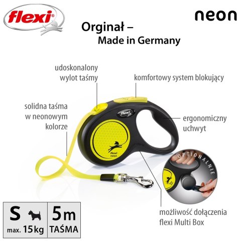 Smycz flexi automatyczna New Neon S taśma 5 m - dla psa do 15 kg, kolor żółty Flexi Smycz flexi automatyczna New Neon S taśma 5 m - dla psa do 15 kg, kolor żółty Flexi