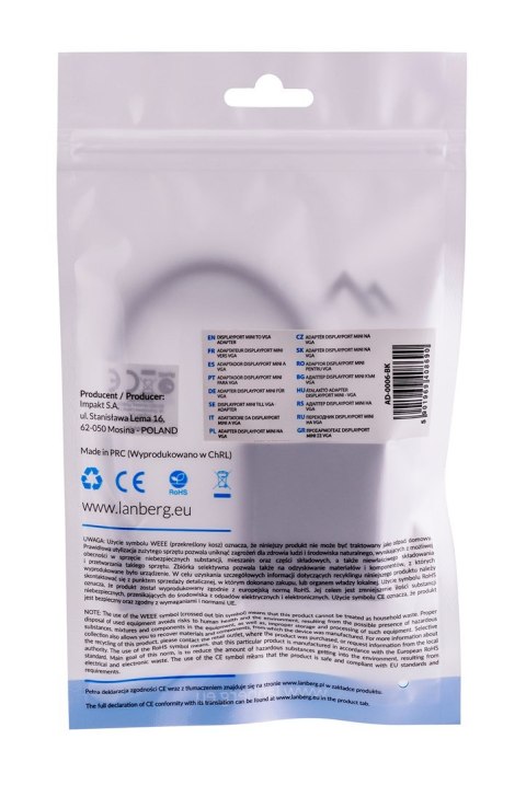 Adapter Lanberg AD-0006-BK (Mini DisplayPort M - D-Sub (VGA) F; 0,20m; kolor czarny) Lanberg Adapter Lanberg AD-0006-BK (Mini DisplayPort M - D-Sub (VGA) F; 0,20m; kolor czarny) Lanberg