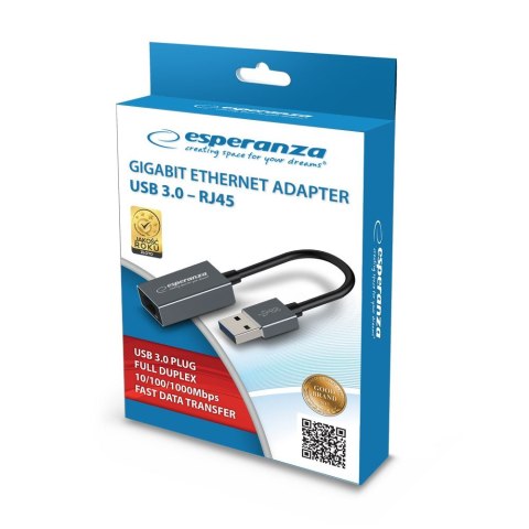 ESPERANZA GIGABIT ETHERNET 1000 MBPS ADAPTER USB 3.0-RJ45 ENA101 Esperanza ESPERANZA GIGABIT ETHERNET 1000 MBPS ADAPTER USB 3.0-RJ45 ENA101 Esperanza