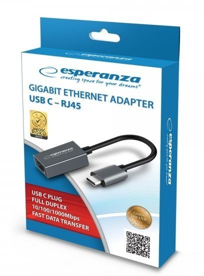 ESPERANZA GIGABIT ETHERNET 1000 MBPS ADAPTER USB C-RJ45 ENA102 Esperanza ESPERANZA GIGABIT ETHERNET 1000 MBPS ADAPTER USB C-RJ45 ENA102 Esperanza