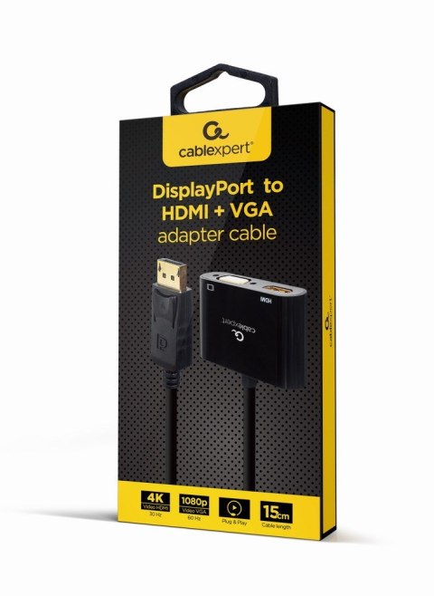 GEMBIRD ADAPTER NA KABLU DISPLAYPORT MĘSKI NA ŻEŃSKI HDMI + ŻEŃSKI VGA CZARNY, 10CM GEMBIRD GEMBIRD ADAPTER NA KABLU DISPLAYPORT MĘSKI NA ŻEŃSKI HDMI + ŻEŃSKI VGA CZARNY, 10CM GEMBIRD