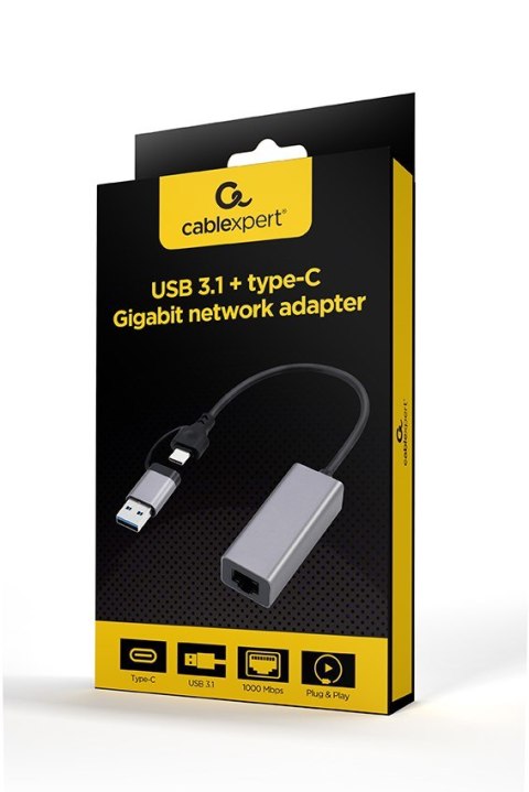 GEMBIRD ADAPTER USB TYP 3.1 + USB-C -> LAN RJ45 GIGABIT 15CM GEMBIRD GEMBIRD ADAPTER USB TYP 3.1 + USB-C -> LAN RJ45 GIGABIT 15CM GEMBIRD