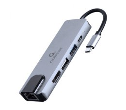GEMBIRD MULTI ADAPTER USB TYP-C 5W1 (HUB + HDMI + PD + CZYTNIK KART + LAN) SREBRNY GEMBIRD