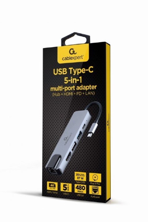GEMBIRD MULTI ADAPTER USB TYP-C 5W1 (HUB + HDMI + PD + CZYTNIK KART + LAN) SREBRNY GEMBIRD GEMBIRD MULTI ADAPTER USB TYP-C 5W1 (HUB + HDMI + PD + CZYTNIK KART + LAN) SREBRNY GEMBIRD