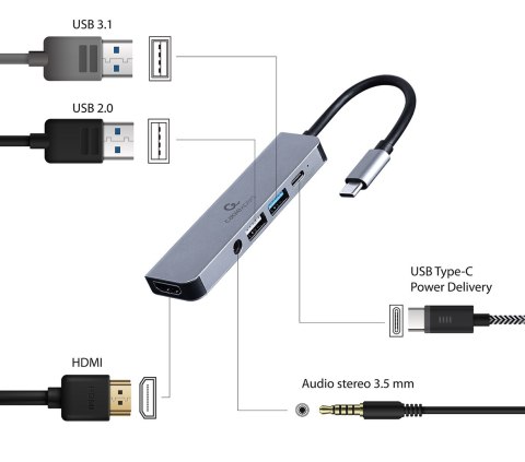 GEMBIRD MULTI ADAPTER USB TYP-C 5W1 (HUB + HDMI + PD + DŹWIĘK STEREO) SREBRNY GEMBIRD GEMBIRD MULTI ADAPTER USB TYP-C 5W1 (HUB + HDMI + PD + DŹWIĘK STEREO) SREBRNY GEMBIRD