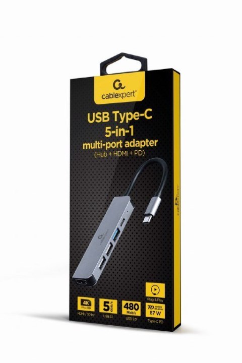 GEMBIRD MULTI ADAPTER USB TYP-C 5W1 (HUB + HDMI + PD) SREBRNY GEMBIRD GEMBIRD MULTI ADAPTER USB TYP-C 5W1 (HUB + HDMI + PD) SREBRNY GEMBIRD