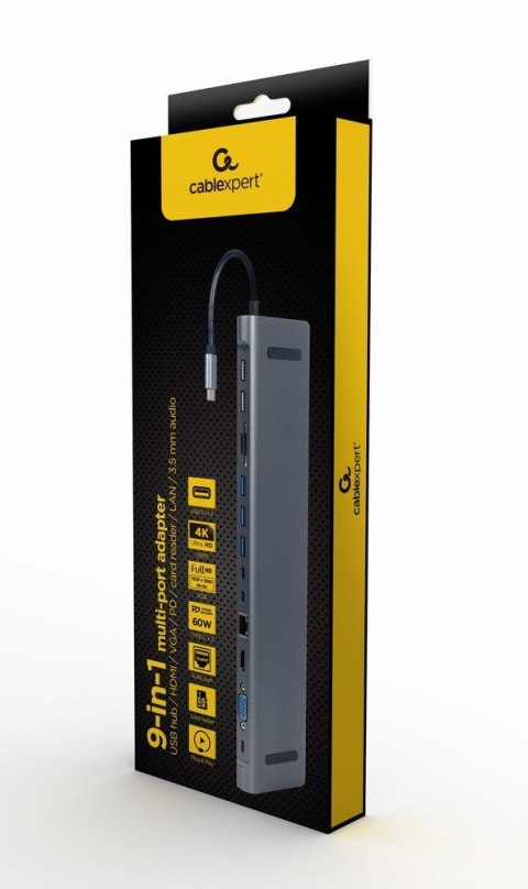 GEMBIRD MULTI ADAPTER USB TYPE-C 9W1 (HUB USB + HDMI + VGA + PD + CZYTNIK KART + LAN + AUDIO 3,5 MM) KOLOR SZARY GEMBIRD GEMBIRD MULTI ADAPTER USB TYPE-C 9W1 (HUB USB + HDMI + VGA + PD + CZYTNIK KART + LAN + AUDIO 3,5 MM) KOLOR SZARY GEMBIRD