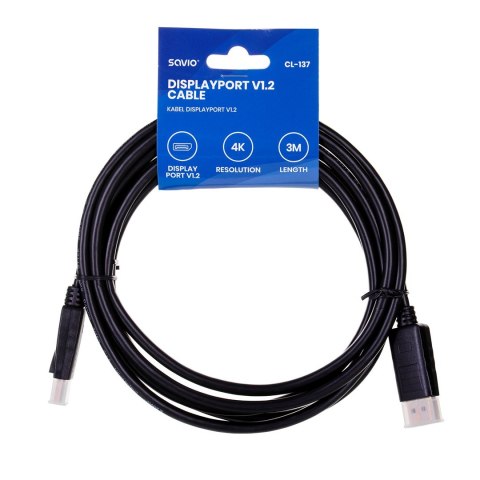 Kabel SAVIO CL-137 (DisplayPort M - DisplayPort M; 3m; kolor czarny) SAVIO Kabel SAVIO CL-137 (DisplayPort M - DisplayPort M; 3m; kolor czarny) SAVIO