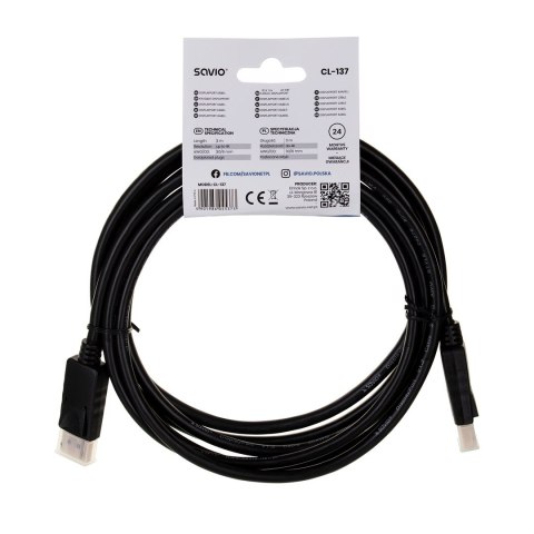 Kabel SAVIO CL-137 (DisplayPort M - DisplayPort M; 3m; kolor czarny) SAVIO Kabel SAVIO CL-137 (DisplayPort M - DisplayPort M; 3m; kolor czarny) SAVIO