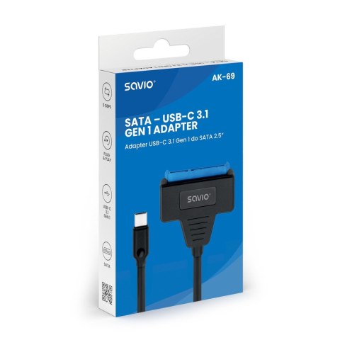 SAVIO ADAPTER USB-C 3.1 GEN 1 (M) - SATA (F) DO DYSKÓW 2.5" AK-69 SAVIO SAVIO ADAPTER USB-C 3.1 GEN 1 (M) - SATA (F) DO DYSKÓW 2.5" AK-69 SAVIO