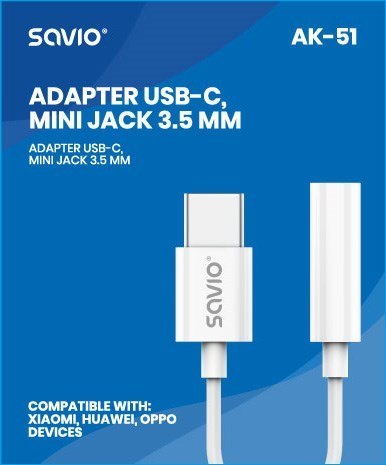 SAVIO ADAPTER USB-C - MINI JACK 3,5 MM (F) AK-51 SAVIO SAVIO ADAPTER USB-C - MINI JACK 3,5 MM (F) AK-51 SAVIO