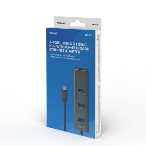 SAVIO AK-57 3-PORTOWY HUB USB-C Z ADAPTEREM RJ-45 SAVIO SAVIO AK-57 3-PORTOWY HUB USB-C Z ADAPTEREM RJ-45 SAVIO
