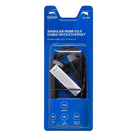 SAVIO KABEL HDMI V2.0 KĄTOWY 4K OFC CZARNY, ZŁOTE KOŃCÓWKI, ETHERNET/3D 1,5M CL-108 SAVIO SAVIO KABEL HDMI V2.0 KĄTOWY 4K OFC CZARNY, ZŁOTE KOŃCÓWKI, ETHERNET/3D 1,5M CL-108 SAVIO