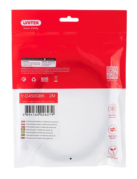 UNITEK PRZEDŁUŻACZ USB 2.0, AM-AF, 2M, Y-C450GBK UNITEK UNITEK PRZEDŁUŻACZ USB 2.0, AM-AF, 2M, Y-C450GBK UNITEK