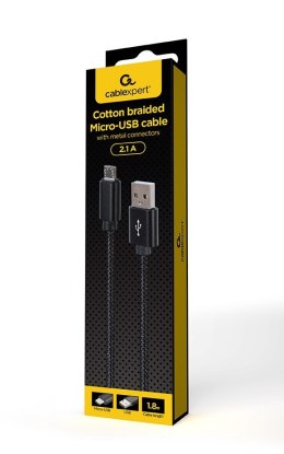 GEMBIRD KABEL USB - MICRO USB W OPLOCIE TEKSTYLNYM, WTYKI W OSŁONIE METALOWEJ 1.8M, ŁADOWANIE/TRANSMISJA DANYCH, CZARNY GEMBIRD