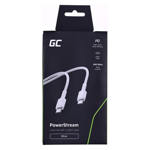 GREEN CELL KABEL KABGC31W GC POWERSTREAM USB-C - USB-C 30CM, POWER DELIVERY 60W, ULTRA CHARGE, QC 3.0, BIAŁY Green Cell GREEN CELL KABEL KABGC31W GC POWERSTREAM USB-C - USB-C 30CM, POWER DELIVERY 60W, ULTRA CHARGE, QC 3.0, BIAŁY Green Cell