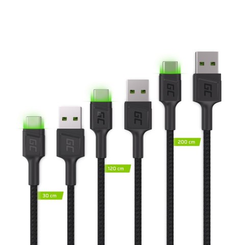 GREEN CELL ZESTAW KABLI KABGCSET01 3X KABEL GC RAY USB - USB-C 30CM, 120CM, 200CM, ZIELONY LED Green Cell GREEN CELL ZESTAW KABLI KABGCSET01 3X KABEL GC RAY USB - USB-C 30CM, 120CM, 200CM, ZIELONY LED Green Cell