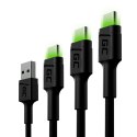 GREEN CELL ZESTAW KABLI KABGCSET01 3X KABEL GC RAY USB - USB-C 30CM, 120CM, 200CM, ZIELONY LED Green Cell
