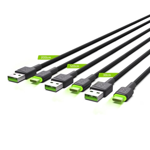 GREEN CELL ZESTAW KABLI KABGCSET01 3X KABEL GC RAY USB - USB-C 30CM, 120CM, 200CM, ZIELONY LED Green Cell GREEN CELL ZESTAW KABLI KABGCSET01 3X KABEL GC RAY USB - USB-C 30CM, 120CM, 200CM, ZIELONY LED Green Cell