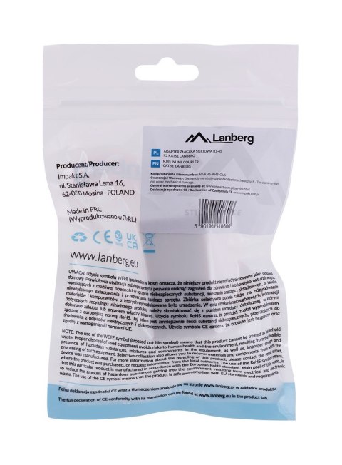 LANBERG ZŁĄCZKA SIECIOWA PRZELOTKA 2X RJ45 KAT.5E UTP AD-RJ45-RJ45-OU5 Lanberg LANBERG ZŁĄCZKA SIECIOWA PRZELOTKA 2X RJ45 KAT.5E UTP AD-RJ45-RJ45-OU5 Lanberg