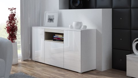Komoda VIVA 150 biały/ biały połysk+ dąb sonoma Cama MEBLE Komoda VIVA 150 biały/ biały połysk+ dąb sonoma Cama MEBLE