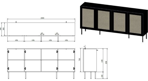 Komoda JUTA 4D 202x39,5x85 czarny + linol calabria Cama MEBLE Komoda JUTA 4D 202x39,5x85 czarny + linol calabria Cama MEBLE