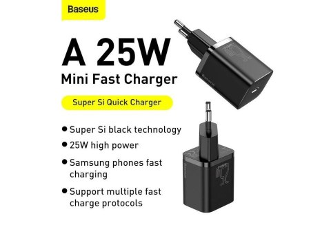 BASEUS ŁADOWARKA SIECIOWA Z KABLEM USB-C DO USB-C TZCCSUP-L01 SUPER SI 1C 25W CZARNA Baseus BASEUS ŁADOWARKA SIECIOWA Z KABLEM USB-C DO USB-C TZCCSUP-L01 SUPER SI 1C 25W CZARNA Baseus
