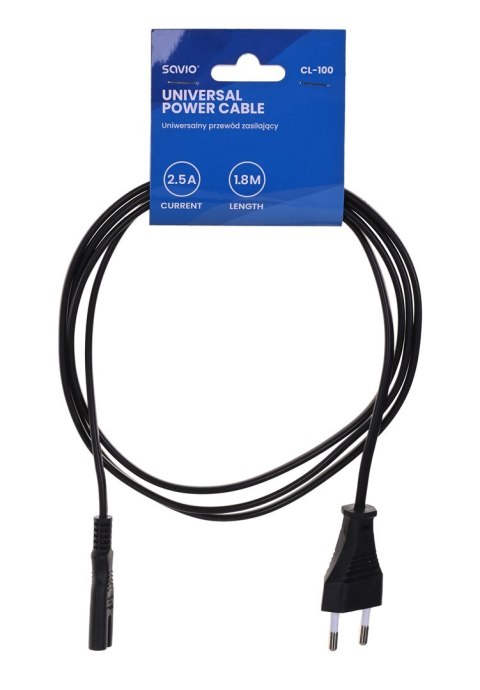 Kabel SAVIO CL-100 (2-Pin F - Euro M; 1,8m; kolor czarny) SAVIO Kabel SAVIO CL-100 (2-Pin F - Euro M; 1,8m; kolor czarny) SAVIO