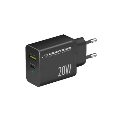 ESPERANZA ŁADOWARKA SIECIOWA 20W USB-C PD 20W / USB-A QC 3.0 18W CZARNA EZC105K Esperanza ESPERANZA ŁADOWARKA SIECIOWA 20W USB-C PD 20W / USB-A QC 3.0 18W CZARNA EZC105K Esperanza