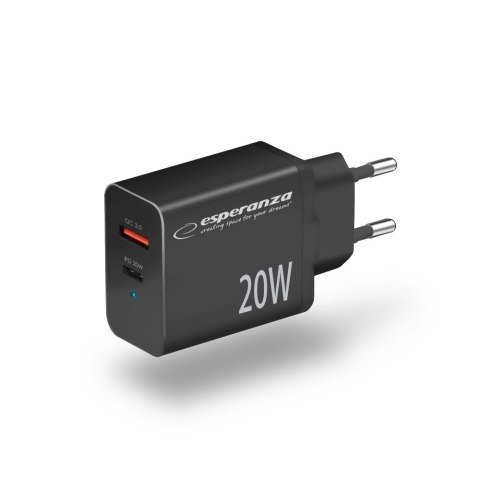 ESPERANZA ŁADOWARKA SIECIOWA 20W USB-C PD 20W / USB-A QC 3.0 18W CZARNA EZC105K Esperanza ESPERANZA ŁADOWARKA SIECIOWA 20W USB-C PD 20W / USB-A QC 3.0 18W CZARNA EZC105K Esperanza