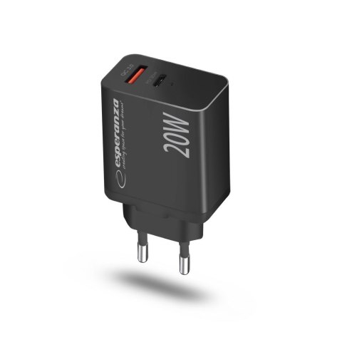 ESPERANZA ŁADOWARKA SIECIOWA 20W USB-C PD 20W / USB-A QC 3.0 18W CZARNA EZC105K Esperanza ESPERANZA ŁADOWARKA SIECIOWA 20W USB-C PD 20W / USB-A QC 3.0 18W CZARNA EZC105K Esperanza