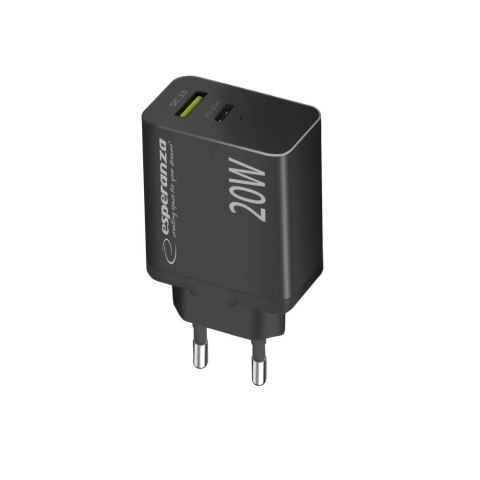 ESPERANZA ŁADOWARKA SIECIOWA 20W USB-C PD 20W / USB-A QC 3.0 18W CZARNA EZC105K Esperanza ESPERANZA ŁADOWARKA SIECIOWA 20W USB-C PD 20W / USB-A QC 3.0 18W CZARNA EZC105K Esperanza