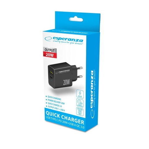 ESPERANZA ŁADOWARKA SIECIOWA 20W USB-C PD 20W / USB-A QC 3.0 18W CZARNA EZC105K Esperanza ESPERANZA ŁADOWARKA SIECIOWA 20W USB-C PD 20W / USB-A QC 3.0 18W CZARNA EZC105K Esperanza