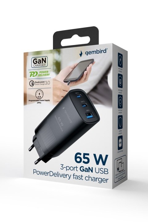 GEMBIRD SZYBKA ŁADOWARKA USB POWER DELIVERY USB TYPU C, 3X USB, 65 W, GAN CZARNA GEMBIRD GEMBIRD SZYBKA ŁADOWARKA USB POWER DELIVERY USB TYPU C, 3X USB, 65 W, GAN CZARNA GEMBIRD