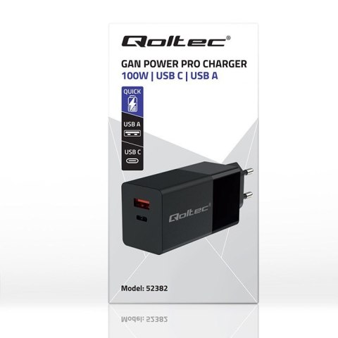 QOLTEC ŁADOWARKA GAN POWER PRO | 1XUSB-C | 1XUSB | 100W | 5-20V | 1.5-5A | PD | CZARNA Qoltec QOLTEC ŁADOWARKA GAN POWER PRO | 1XUSB-C | 1XUSB | 100W | 5-20V | 1.5-5A | PD | CZARNA Qoltec