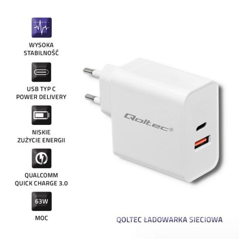 QOLTEC ŁADOWARKA SIECIOWA 63W | 5-20V | 1.5-3A | USB TYP C PD | USB QC 3.0 | BIAŁA Qoltec QOLTEC ŁADOWARKA SIECIOWA 63W | 5-20V | 1.5-3A | USB TYP C PD | USB QC 3.0 | BIAŁA Qoltec