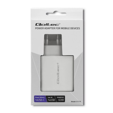 QOLTEC ŁADOWARKA SIECIOWA 63W | 5-20V | 1.5-3A | USB TYP C PD | USB QC 3.0 | BIAŁA Qoltec QOLTEC ŁADOWARKA SIECIOWA 63W | 5-20V | 1.5-3A | USB TYP C PD | USB QC 3.0 | BIAŁA Qoltec