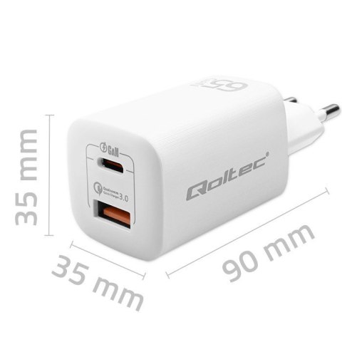 QOLTEC ŁADOWARKA SIECIOWA 65W GAN ULTRA | 5-20V | 2.25-3.25A | 1 X USB TYP C PD | 1 X USB QC 3.0 | BIAŁA Qoltec QOLTEC ŁADOWARKA SIECIOWA 65W GAN ULTRA | 5-20V | 2.25-3.25A | 1 X USB TYP C PD | 1 X USB QC 3.0 | BIAŁA Qoltec