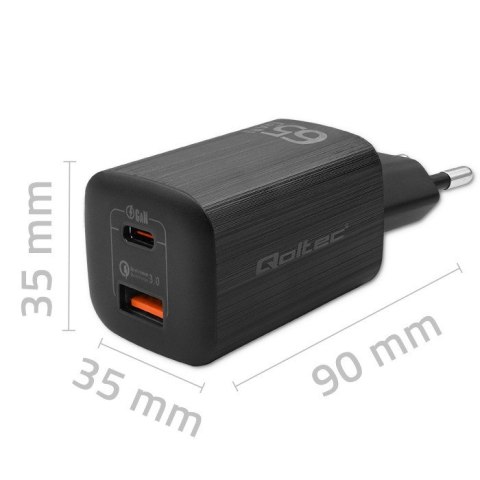 QOLTEC ŁADOWARKA SIECIOWA 65W GAN ULTRA | 5-20V | 2.25-3.25A | 1 X USB TYP C PD | 1 X USB QC 3.0 | CZARNA Qoltec QOLTEC ŁADOWARKA SIECIOWA 65W GAN ULTRA | 5-20V | 2.25-3.25A | 1 X USB TYP C PD | 1 X USB QC 3.0 | CZARNA Qoltec