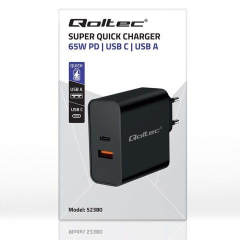 QOLTEC ŁADOWARKA SUPER QUICK PD | 1XUSB-C | 1XUSB | 65W | 5-20V | 1.5-3.25A | CZARNA Qoltec QOLTEC ŁADOWARKA SUPER QUICK PD | 1XUSB-C | 1XUSB | 65W | 5-20V | 1.5-3.25A | CZARNA Qoltec