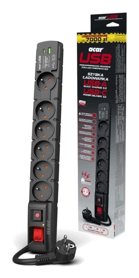 Listwa przeciwprzepięciowa Acar S6 USB A+C (szybka ładowarka) 1,5m ; czarny Acar Listwa przeciwprzepięciowa Acar S6 USB A+C (szybka ładowarka) 1,5m ; czarny Acar