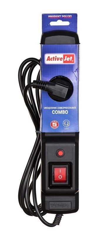 Listwa przeciwprzepięciowa Activejet COMBO 3gn/1,5m/cz (10A; 2300W) 1,5m; kolor czarny Activejet Listwa przeciwprzepięciowa Activejet COMBO 3gn/1,5m/cz (10A; 2300W) 1,5m; kolor czarny Activejet