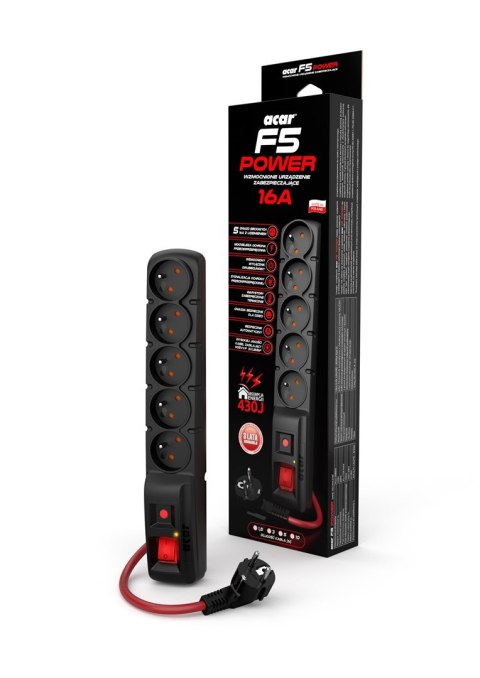Listwa zasilająca Acar F5 POWER 16A (3m ; czarny) Acar Listwa zasilająca Acar F5 POWER 16A (3m ; czarny) Acar