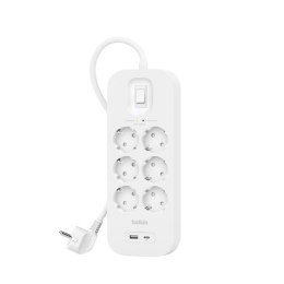 Listwa zasilająca Belkin Power Surge 6-PORT + 1xUSB-A +1xUSB-C 2.4A PD 650J 2m White Schuko Belkin