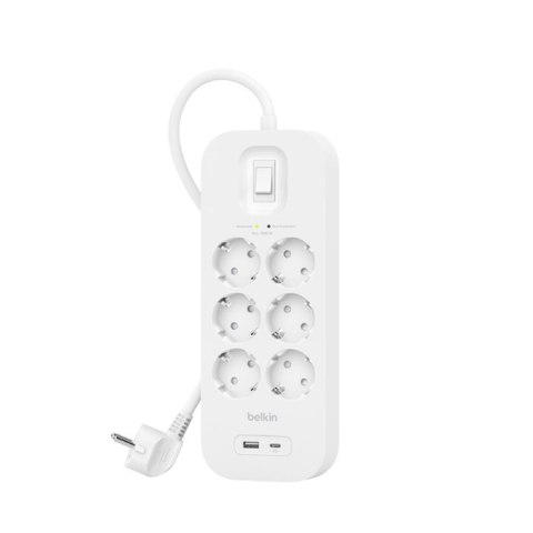Listwa zasilająca Belkin Power Surge 6-PORT + 1xUSB-A +1xUSB-C 2.4A PD 650J 2m White Schuko Belkin Listwa zasilająca Belkin Power Surge 6-PORT + 1xUSB-A +1xUSB-C 2.4A PD 650J 2m White Schuko Belkin