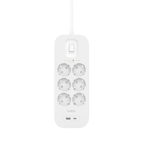 Listwa zasilająca Belkin Power Surge 6-PORT + 1xUSB-A +1xUSB-C 2.4A PD 650J 2m White Schuko Belkin Listwa zasilająca Belkin Power Surge 6-PORT + 1xUSB-A +1xUSB-C 2.4A PD 650J 2m White Schuko Belkin