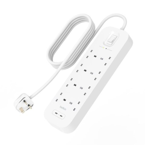 Listwa zasilająca Belkin Power Surge 8-PORT + 2xUSB-C 30W 900J 2m White Belkin Listwa zasilająca Belkin Power Surge 8-PORT + 2xUSB-C 30W 900J 2m White Belkin