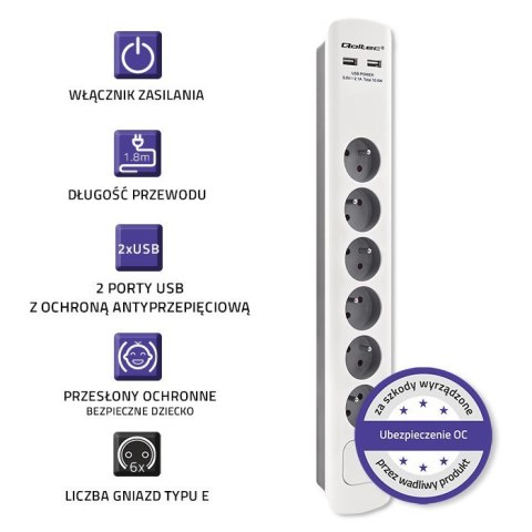 QOLTEC LISTWA ZASILAJĄCA ANTYPRZEPIĘCIOWA | 6 GNIAZD | 2 X USB | 1.8M | BIAŁO-SZARA Qoltec QOLTEC LISTWA ZASILAJĄCA ANTYPRZEPIĘCIOWA | 6 GNIAZD | 2 X USB | 1.8M | BIAŁO-SZARA Qoltec