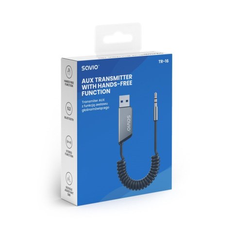 SAVIO TRANSMITER AUX, USB, BLUETOOTH 5.3, FUNKCJA ZESTAWU GŁOŚNOMÓWIĄCEGO, TR-16 SAVIO SAVIO TRANSMITER AUX, USB, BLUETOOTH 5.3, FUNKCJA ZESTAWU GŁOŚNOMÓWIĄCEGO, TR-16 SAVIO