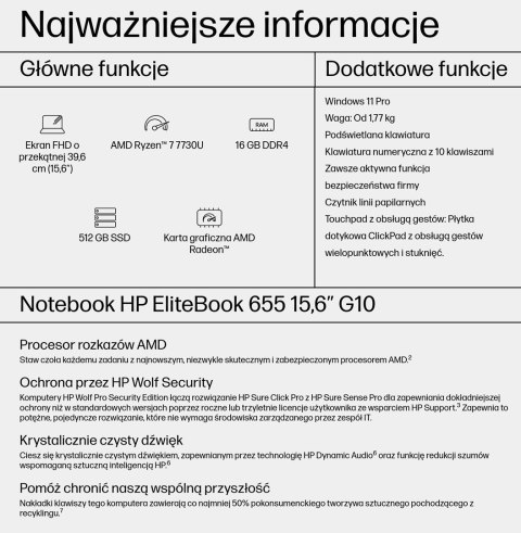 HP EliteBook 655 G10 Ryzen 7 7730U 15.6"FHD 250nits 16GB DDR4 SSD512 RX Vega 8 W11Pro 3Y OnSite Hewlett-Packard HP EliteBook 655 G10 Ryzen 7 7730U 15.6"FHD 250nits 16GB DDR4 SSD512 RX Vega 8 W11Pro 3Y OnSite Hewlett-Packard